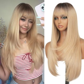Nnzes Long straight Ombre Blonde Wig for Women with Bangs, Layered Style, Realistic Scalp, Freestyle Parting, Natural-Looking Heat-Resistant Synthetic Hair for Daily & Party Use 26"