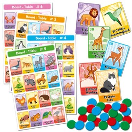 More Fiesta Juego de Loteria Infantil de Animales Didactica Bilingue Español Ingles, para 10 Jugadores - 10 Tablas, Barajas y Fichas