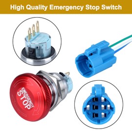 DMWD 22mm Metal Latching Emergency Stop Push Button Switch Big Red Mushroom Head Stainless Steel Shell Waterproof IP65 12-220V 3A 1NO 1NC with Pre-Wired Socket
