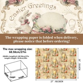 XMBHHRM 12 Sheets Vintage Easter Bunny Wrapping Paper, 20 x 27 Inches Double-Sided Pattern, 6 Designs Folded Flat Spring Rabbit Egg Flower Wrap Paper for Festival Decoration Party Packing
