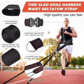 ATENTO Sled Pulling Belt, Adjustable Closure Sled Training Waist Belt,Weight Sled Pull Belt for Tire or Sled Pulling, Squat,Leg Muscles Strength Training, Agility, Resistance Training, Core Power Workout, Belt for Pulling with 2 Pulling Straps & 4 Hooks Included