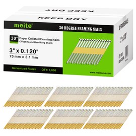 meite 30 Degree Framing Nails 3-Inch x .120-Inch, Ring Shank, Galvanized Coated, Paper Tape Collated, Offset Round Head Framing Nails for 30-34 Degree Framing Nailers (1,000 Counts)