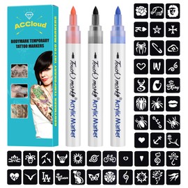 ACCloud Tattoo Pen Removable Tattoo Pens Multi-coloured Tattoo Kit, 3 Body Markers+ 63 Tattoo Stencils Kit for Kids & Adults, Flexible Brush Tip