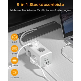 TESSAN TESSAN 6 Fach Mehrfachsteckdose mit USB C, Verl?ngerungskabel 5M Verteilersteckdose, Steckdosenleiste mit 3 USB, 9 in 1 Steckerleiste mit Schalter, Steckdosenw??rfel Wandmontage, Mehrfachstecker 3600W