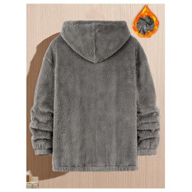 Verdusa Men's Embroidered Letters Furry Fleece Hoodie Long Sleeve Pullover Sweatshirts Dark Grey Medium