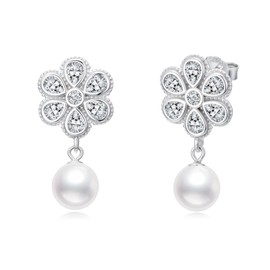 LONAGO 925 Sterling Silver Flower Pearl Stud Earrings with Cubic Zirconia for Women Pearl Drop Earrings Fashion Jewelry Gifts for Mom Wife Girlfriend