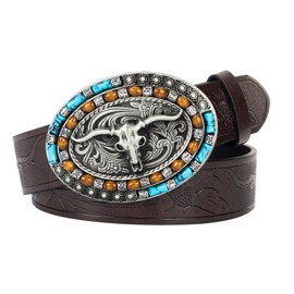 Western-Turquoise-Cowboy-Belt for Men Women with Longhorn Bull Buckle Belt for Jeans