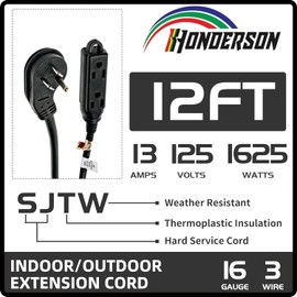 HONDERSON 3-Outlets Flat Plug Indoor Extension Cord Outlet Extender, UL Listed, 16 Gauge 12FT Black 3 Prong Heavy Duty Extension Cord Multiple Outlets, 16/3 SJTW 13A Flat Plug Power Strip