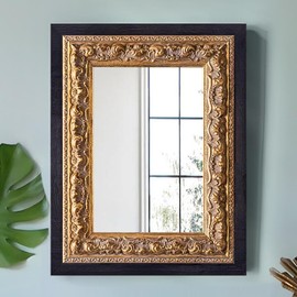 Small Vintage Mirror, 14”x11” Black Ornate Mirror with Handmade Aging Gold Foil Flower Petal Carvings Solid Wooden Frame for Antique Living Room, Fireplace, Entryway and Bedroom