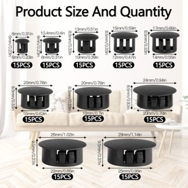 150 Stück Abdeckkappen für Bohrlöcher, 6/8/10/12/14/16/18/20/22/25mm Blindstopfen, Kunststoff Lochstopfen, Schwarz Verschlussstopfen für Schränke Maschinen Möbel