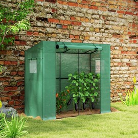 Outsunny 6.6' x 2.5' x 5.6' Lean-to Small Greenhouse for Outdoors, Portable Greenhouse with UV-Resistant PE Cover, Walk-in Green House with Roll-up Door and Mesh Windows, Green