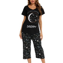 Womens Pyjamas -Short SleeveTops with 3/4 Pants PJs Sets-2 Piece Sleepwear (UK, Alpha, M, Regular, Regular, black star)