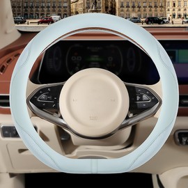 Binsheo Nappa Leather Blue D Shape Steering Wheel Cover, Advanced Microfiber Leather Non-Slip Breathable Fabric, Warm in Winter and Cool in Summer, Universal 15 inch