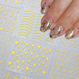 30 Sheets Gold Nail Stickers Star Nail Art Stickers 3D Embossed Self Adhesive Nail Decals Moon Letter Bow Nails Design Summer Nail Art Decals for Women Manicure DIY Decoration