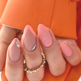 24Pcs French Tip Press on Nails Almond Shape Fake Nails Medium Acrylic Nails Orange Cute False Nails with Line Design Matte Artificial Nails Glue on Nails Medium Glitter Stick on Nails for Women
