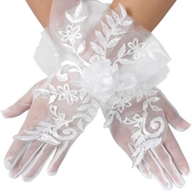 CABODYALS 1 Pair White Lace Wedding Gloves Short With Elegant 3D Tulle Flowers Vintage Sheer Embroidered Fabric Polyester Floral Glove for Women Bride Tea Parties Cosplay Evening Costumes Accessories