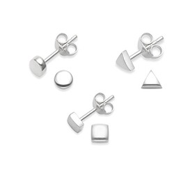 Heather Needham SET of 3 pairs Sterling Silver Earrings - Square, Triangle & Round stud earrings - Size: 4mm - Premium quality 2mm deep. Gift boxed 5337/3/5