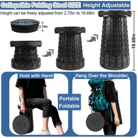 AbcrAbcr Upgraded Portable Folding Telescoping Stool, Retractable Collapsible Camping Stool for Adults, Lightweight Yet More Sturdy with Load Capacity 1000lbs for Fishing Hiking Gardening BBQ (Black)