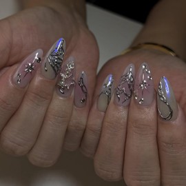 BABALAL Press on Nails Medium Almond Fake Nails Purple Blush Glue on White Sliver Chrome Acrylic Nails 3d Butterfly Texture False Nails Star Charm Y2k Stick on Nails Handmade Stiletto Artificial Nail