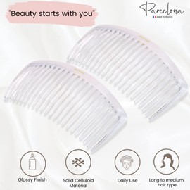 Parcelona French Glossy 23 Teeth Large 4 1/4" Celluloid Acetate Set of 2 No Slip Grip Side Hair Combs for Women, Made in France (Clear)