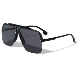 Dweebzilla Oversized Semi Rimless Square Pilot Aviator Sport Sunglasses (Glossy Black Frame - Black Super Dark Lenses)