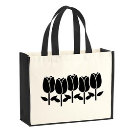 huuraa Jute Bag Tulips Flower Carry Bag Black Size 21 Litres with Motif for All Who Love Spring Gift Idea for Friends and Family, multicoloured