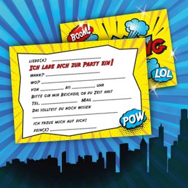 POW!!! Superhero Comic Invitation Cards with High Gloss Varnish for Birthday and Party Invitations for Children's Birthday Boys 12 Cards + 12 Printed Envelopes