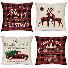 Ueerdand Christmas Pillow Covers 18×18 Inch Set of 4 Black and Red Farmhouse Buffalo Plaid Pillow Covers Rustic Linen Pillow Case for Sofa Couch Holiday Christmas Decorations Throw Pillow Covers