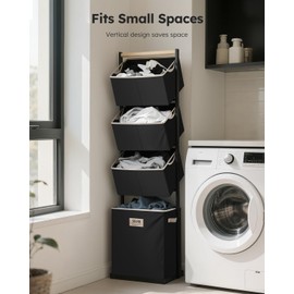 SOLEDI 4 Section Laundry Hamper Sorter, Stackable Laundry Basket Organizer with Removable Basket, 125L 4-Tier Vertical Laundry Sorter for Small Space, Laundry Room, Dorm, Bathroom, Wardrobe Black