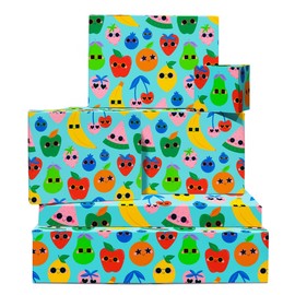 Fruit Wrapping Paper - 6 Sheets Birthday Wrapping Paper - Funky Funny Fruits - Blue Wrapping Paper for Kids Boys and Girls - with Stickers - by Central 23