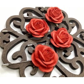 4 Red Flower Lapel Pins Handmade Boutonniere Pin for Suit Wedding Groom