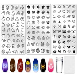 beinkmake 3Pcs Fruits Flower Nail Stamping Plate Leaves Cactus Bees Nail Stamp Templates Nail Art Stamp Plates Image Plate Stainless Steel DIY Reusable Tools with Stamper Scraper for Manicure Printing