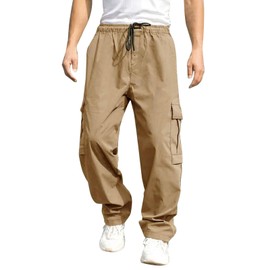 THWEI Mens Cargo Pants Casual Baggy Drawstring Loose Fit Hip Hop Pants with Pockets Khaki S