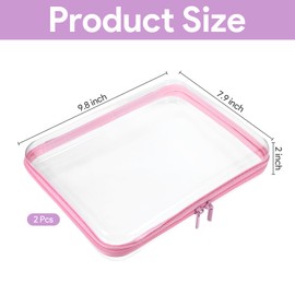 2Pcs Pink Frame Hard Shell Zipper Case, Travel Organizer with Clear Zipper Pouches Hard Shell Design, Multipurpose Clear Makeup Bag for Snacks, Toiletries Stationery Doll Storage (9.8x7.9 Inch)