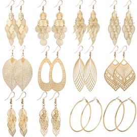 Starain 12 Pairs Gold Hoop Earrings for Women Long Layered Leaf Earrings Vintage Statement Dangle Drop Earrings Set