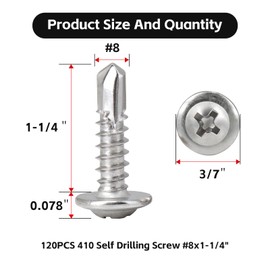 Self Tapping Screws #8x1-1/4(120PCS) Sheet Metal self Tapping Screws, 410 Stainless Steel Quick self Tapping Screw, can be Used in Various scenarios Such as Soft Metal, Plastic, Wood Decoration, etc