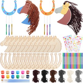 Blueweenly 24 Pcs Wooden Horse Crafts for Kids Wind Chime Painting Kit with Yarn Sticker Make Your Own Horseshoe Unicorn Western Ornament DIY Cowboy Craft for Derby Horse Party Favors Christmas Gift
