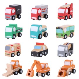 Car Toys, 12-pc Set, Multiple Types of Vehicles, Wooden Toy Car, Learning Education, Improve Imagination and Focus, Colorful, Learn Colors, Run on Wheels, Cute Design, Shockproof, Smooth Edge Processing