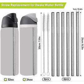 Metal Straws for Owala Freesip Water Bottle 24oz/32oz, 6Pcs Replacement Reusable Stainless Steel Straws with 2Pcs Cleaning Brush and 1 Travel Pouch, Compatible with Owala Water Bottle 710ml/945ml