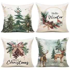 Christmas Pillow Covers 18x18 Set of 4 Farmhouse Christmas Decorations Christmas Pillows Linen Decorative Pillow Covers for Christmas Decor Indoor Home Decor