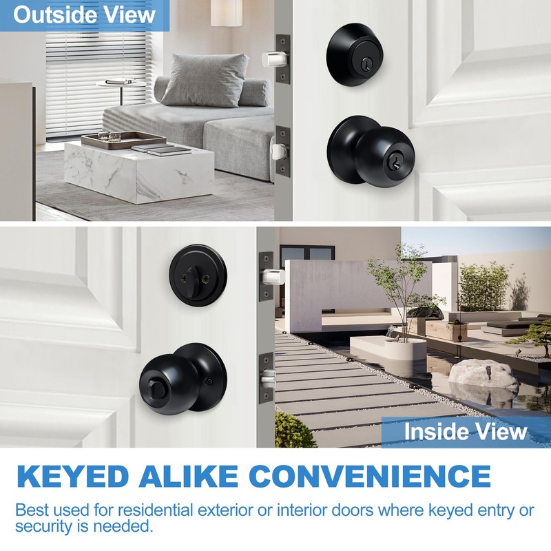 BESTTEN 2 Pack Keyed Same Exterior Door Knobs and Single