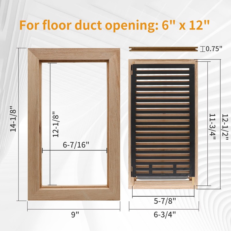 Oak Floor Register for 6x12 Inch Duct Holes - Flush