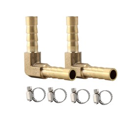 AUXBC 2Pcs 1/4Inch 90 Degree Brass Hose Barb, L Right Angle Brass Barb Elbow Connector Fitting with 4Pcs Hose Clamps for Fuel, Air, Water, Oil, Gas(6mm)