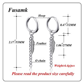 Fusamk Punk Rock Stainless Steel Long Chain Earrings Feather Huggie Hinged Hoop Earrings,2PCS