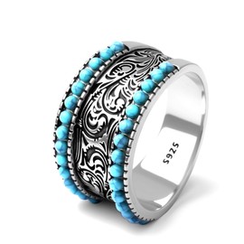 HAIXIAN Double row Turquoise SpheresFlower Pattern Engraved Band Ring for Women Man,S925 Sterling Silver Retro Vintage Hawaiian National Style Boho Ring Jewelry (Turquoise_A, 13)