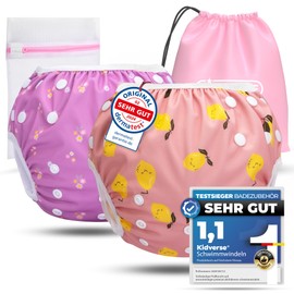 KIDVERSE Set of 2 Swim Nappies Baby 0-3 Years - Skin-Friendly Swim Nappies Reusable & Absorbent - Baby Swim Nappy with Bag & Laundry Net (Lemons & Purple Flowers 2)