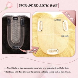 POWERASIA Hair Toppers for Women Real Human Hair Extensions with Thinning Hair No Bangs Wiglets Upgrade 3.9x4.7Inch Silk Base Clip ins Hair Pieces 150% Density Remy Hair Wig Topper #613 Bleach Blonde