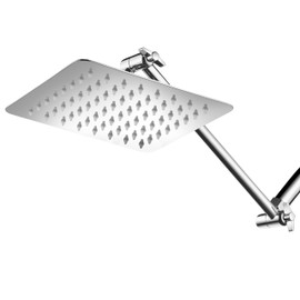 HotelSpa Large 8 inch Stainless Steel Slimline Square Rainfall Showerhead with Solid Brass Adjustable Extension Arm