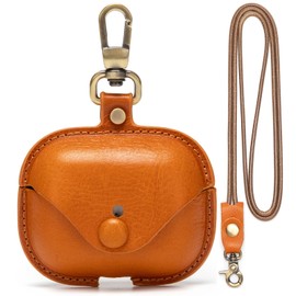 Tusks Land for AirPods Pro / Pro 2 Genuine Leather Case with Wireless Charging Alloy Keychain (2019/2022) (Brown)