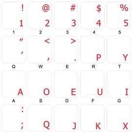 Dvorak Simplified Keyboard Stickers with RED Lettering ON Transparent Background